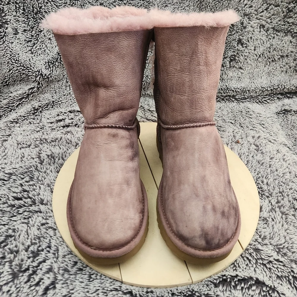 UGG Bailey Bow II Purple/Shadow Leather Sheepskin Boots Women's Size 7 - Picture 3 of 8